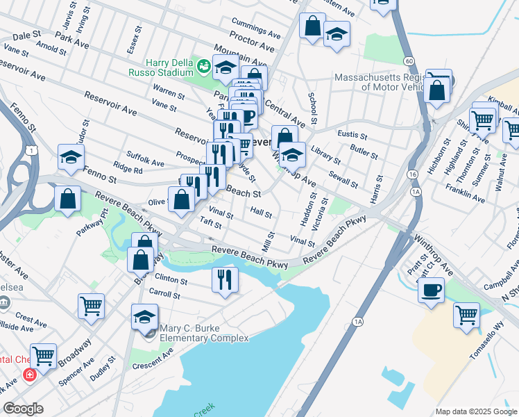 map of restaurants, bars, coffee shops, grocery stores, and more near 41 Hall Street in Revere