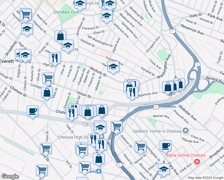 map of restaurants, bars, coffee shops, grocery stores, and more near 60 Lash Street in Chelsea
