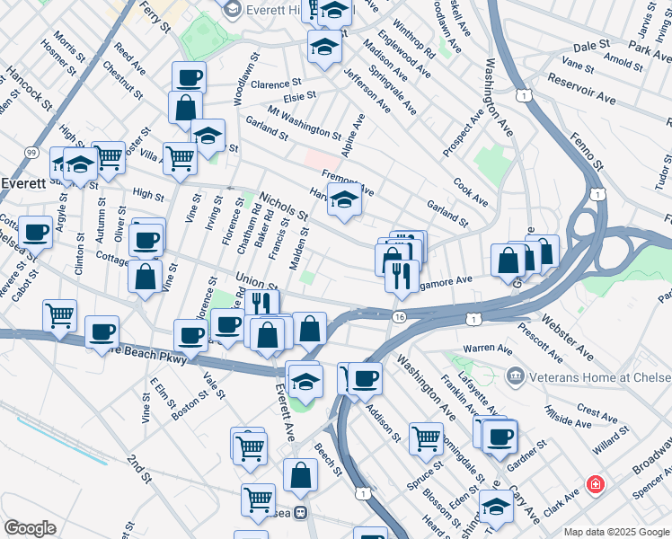 map of restaurants, bars, coffee shops, grocery stores, and more near 60 Lash Street in Chelsea