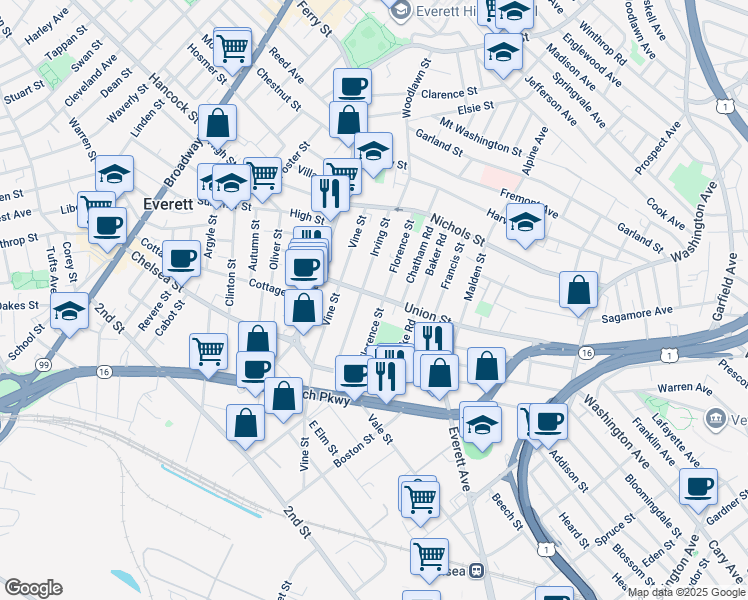 map of restaurants, bars, coffee shops, grocery stores, and more near 21 Florence Street in Everett
