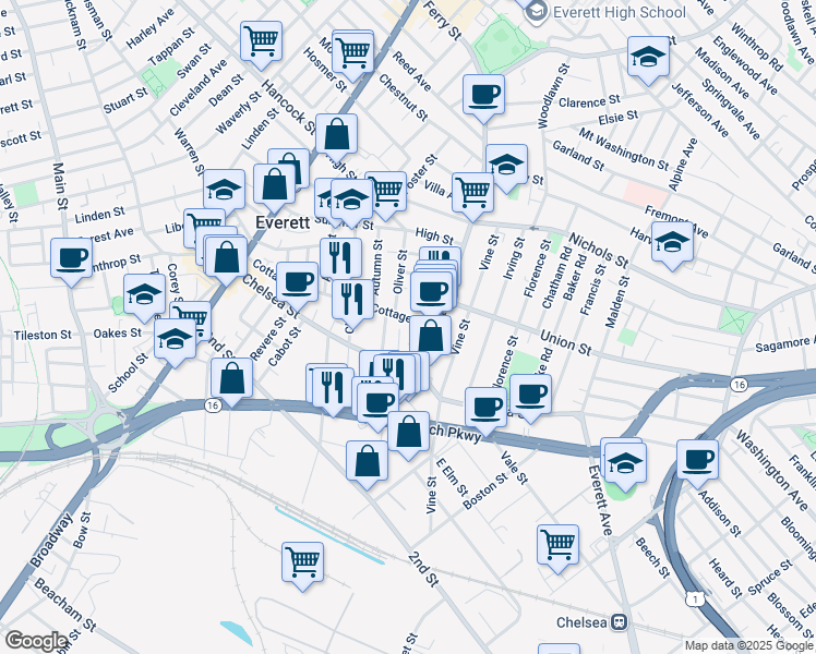 map of restaurants, bars, coffee shops, grocery stores, and more near 19 Partridge Terrace in Everett