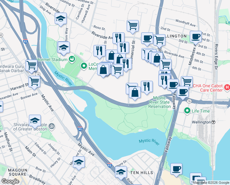 map of restaurants, bars, coffee shops, grocery stores, and more near 3920 Massachusetts 16 in Medford
