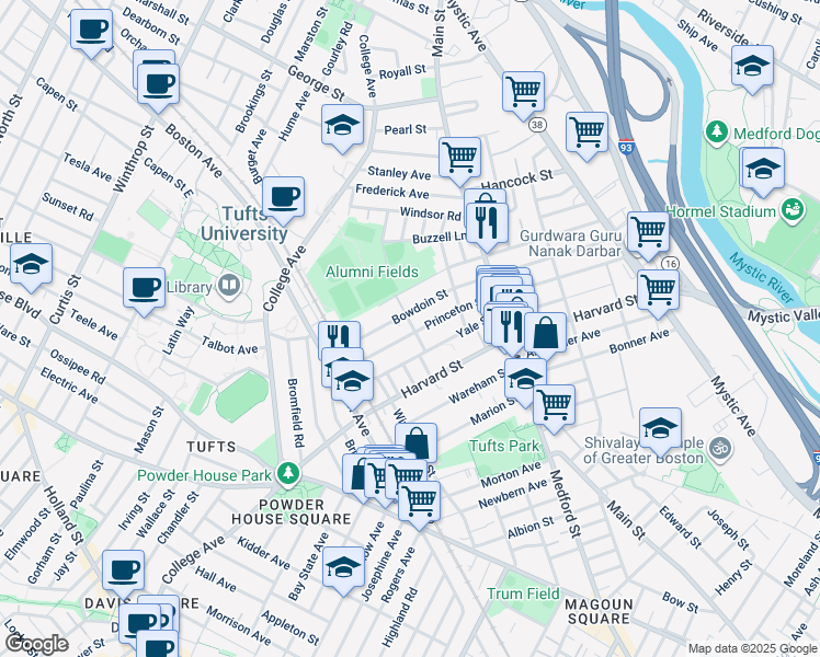map of restaurants, bars, coffee shops, grocery stores, and more near 102 Princeton Street in Medford