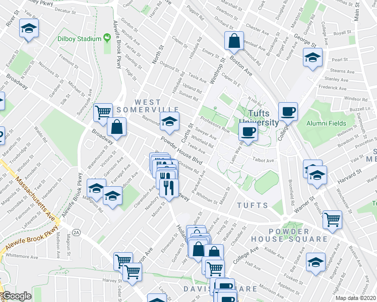 map of restaurants, bars, coffee shops, grocery stores, and more near 156 Powder House Boulevard in Somerville