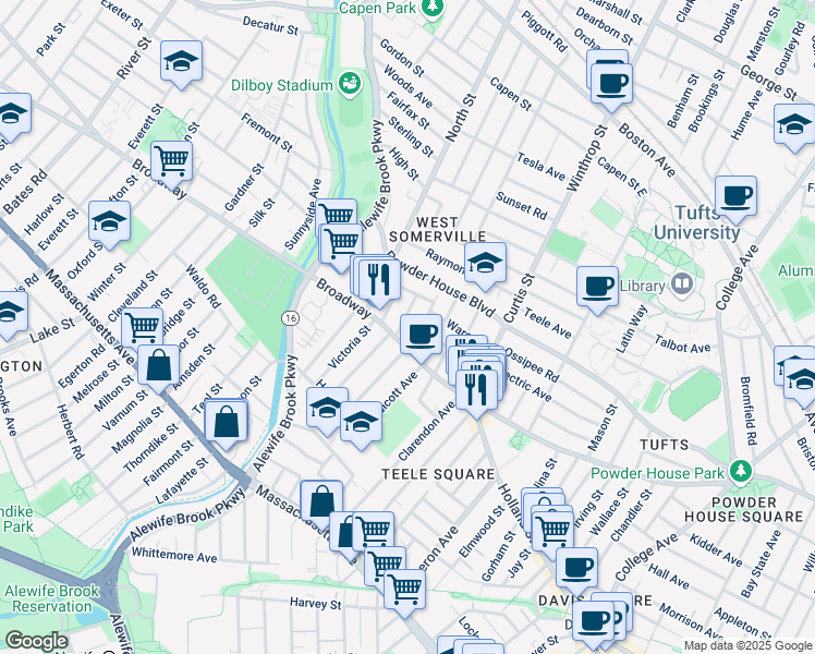 map of restaurants, bars, coffee shops, grocery stores, and more near 1249 Broadway in Somerville