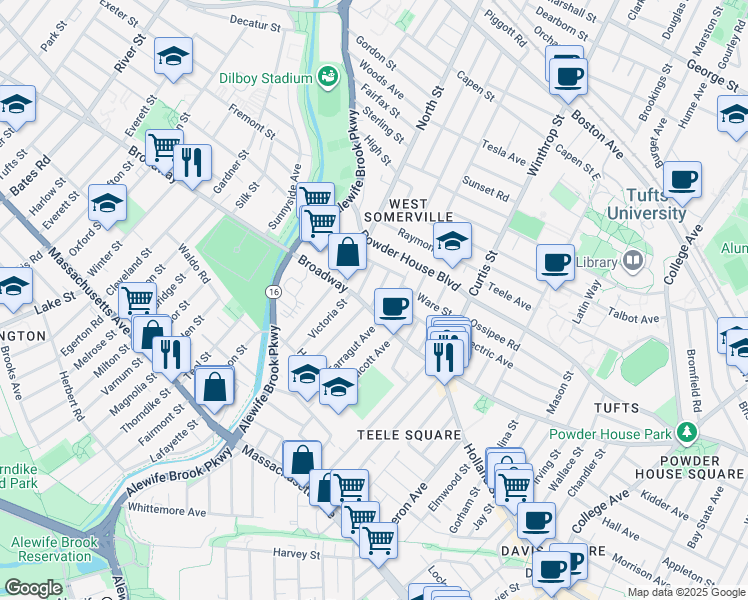 map of restaurants, bars, coffee shops, grocery stores, and more near 1249 Broadway in Somerville