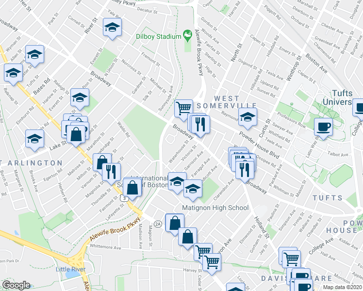 map of restaurants, bars, coffee shops, grocery stores, and more near 37 Waterhouse Street in Somerville