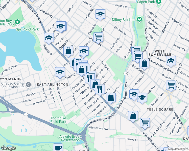 map of restaurants, bars, coffee shops, grocery stores, and more near 34 Windsor Street in Arlington