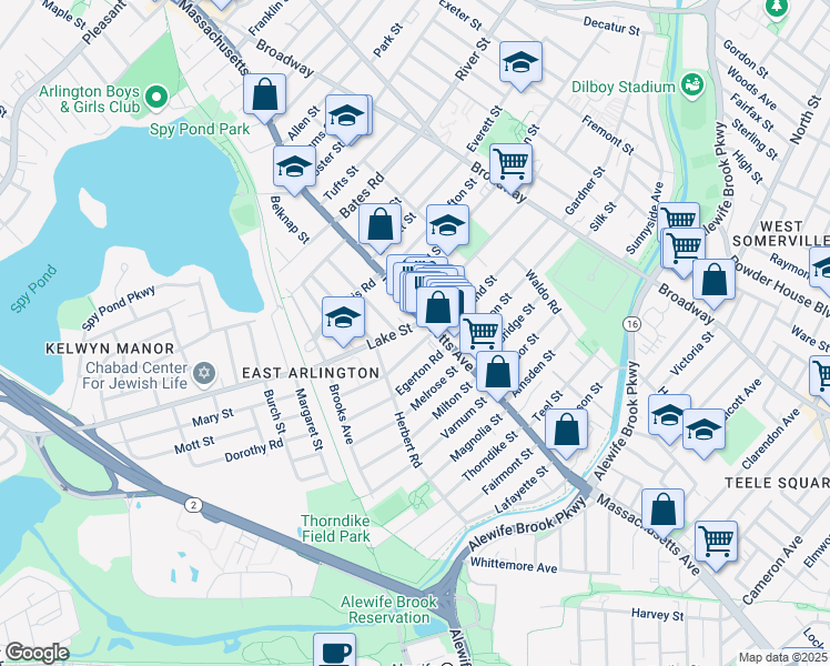 map of restaurants, bars, coffee shops, grocery stores, and more near 180 Massachusetts Avenue in Arlington