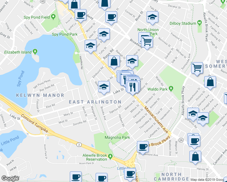 map of restaurants, bars, coffee shops, grocery stores, and more near 18 Lake Street in Arlington
