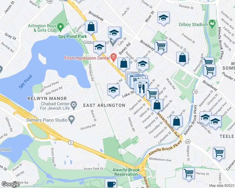 map of restaurants, bars, coffee shops, grocery stores, and more near 1 Newcomb Street in Arlington