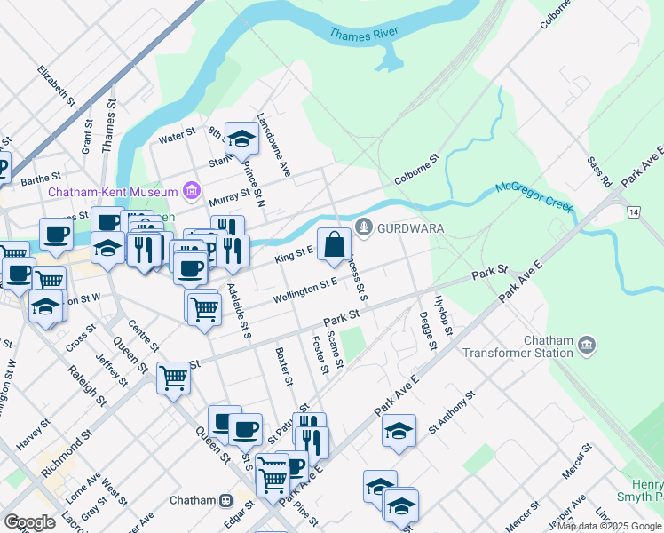 map of restaurants, bars, coffee shops, grocery stores, and more near 163 Wellington Street East in Chatham