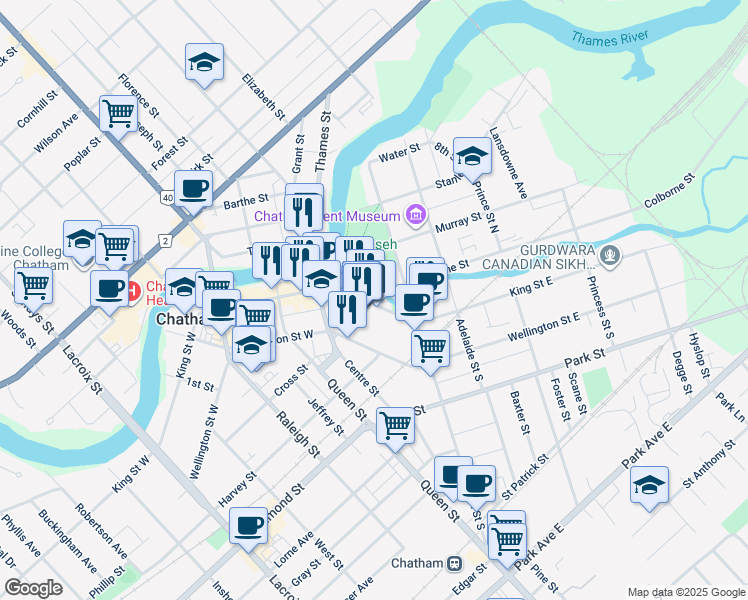 map of restaurants, bars, coffee shops, grocery stores, and more near 100 King Street West in Chatham