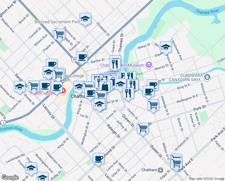 map of restaurants, bars, coffee shops, grocery stores, and more near 36 4th Street in Chatham