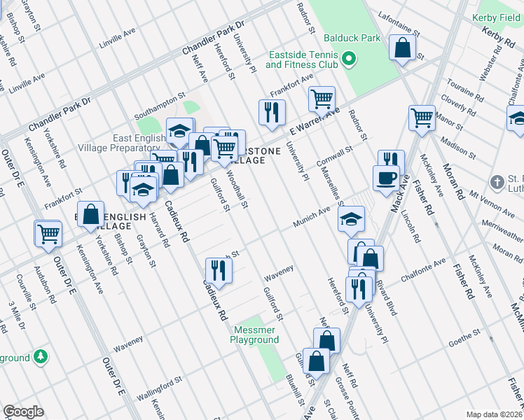 map of restaurants, bars, coffee shops, grocery stores, and more near 4565 Woodhall Street in Detroit