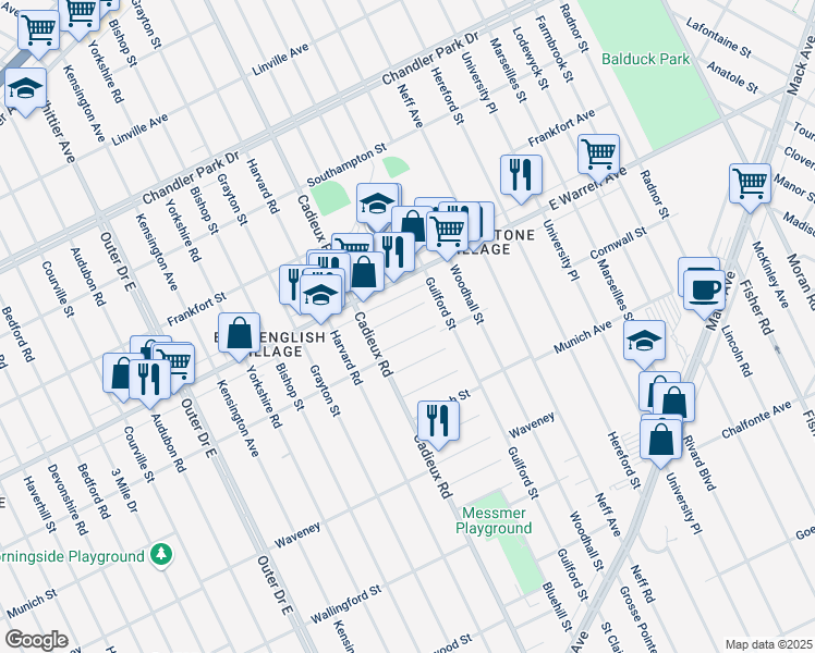 map of restaurants, bars, coffee shops, grocery stores, and more near 17166 Cornwall Street in Detroit