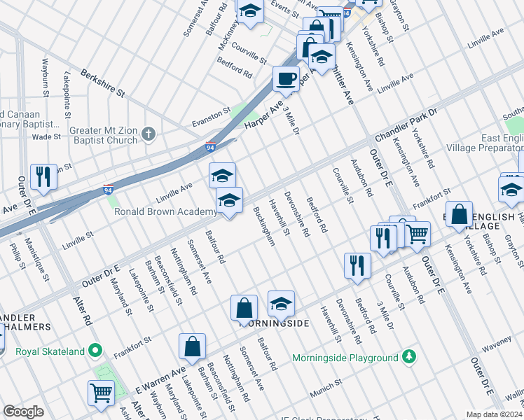 map of restaurants, bars, coffee shops, grocery stores, and more near 5559 Buckingham in Detroit