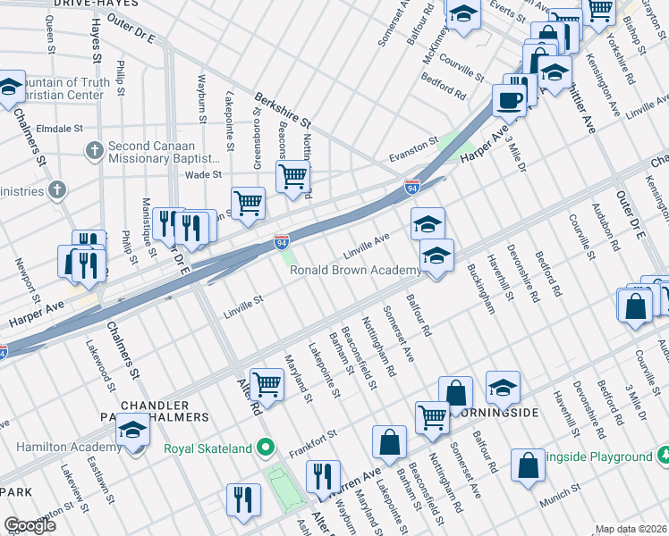 map of restaurants, bars, coffee shops, grocery stores, and more near 5775 Nottingham Road in Detroit