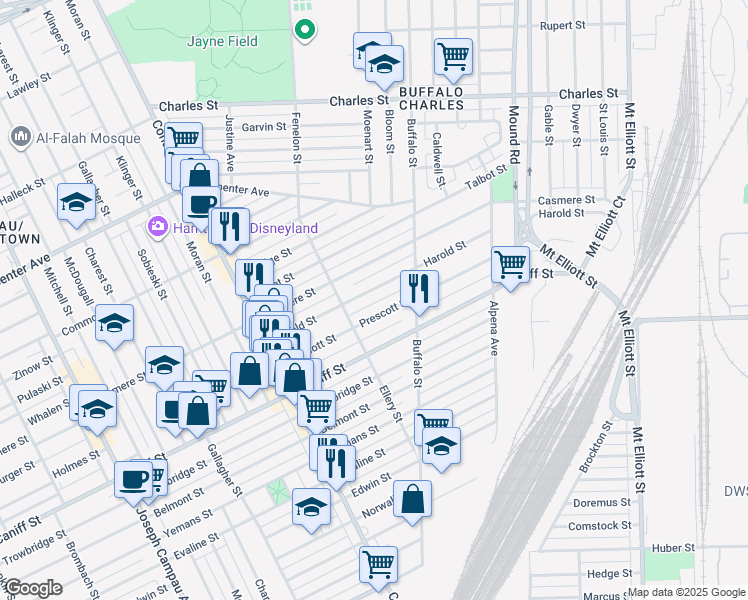 map of restaurants, bars, coffee shops, grocery stores, and more near 5051 Prescott Street in Hamtramck