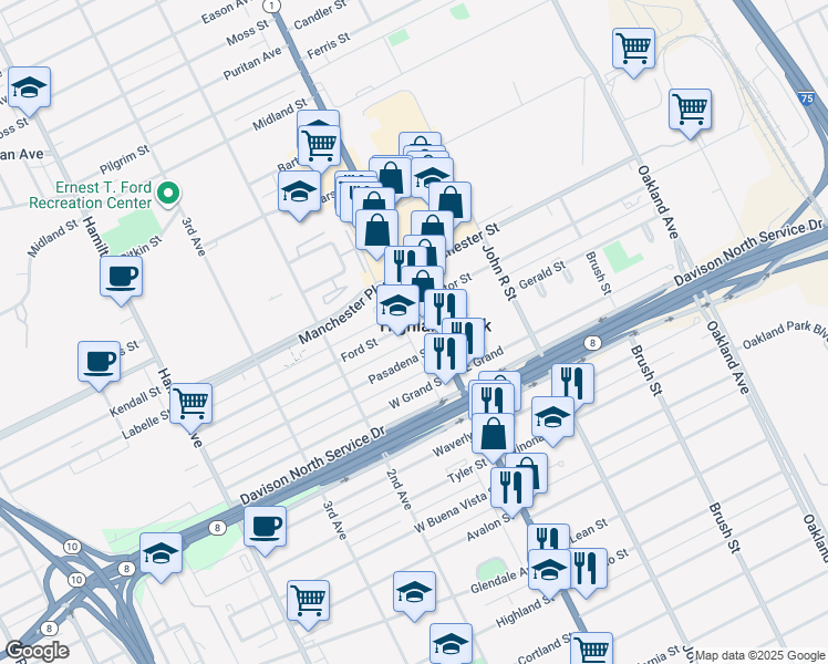 map of restaurants, bars, coffee shops, grocery stores, and more near in Highland Park