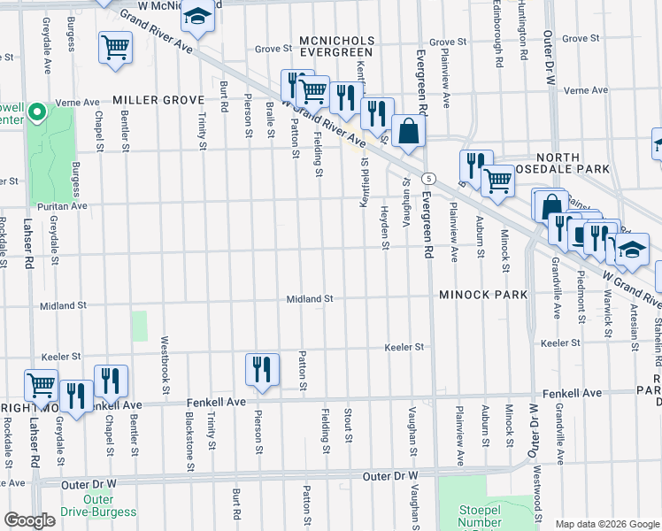 map of restaurants, bars, coffee shops, grocery stores, and more near 15734 Fielding Street in Detroit