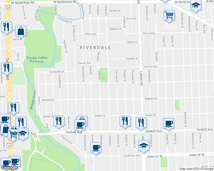 map of restaurants, bars, coffee shops, grocery stores, and more near 15754 Lamphere Street in Detroit