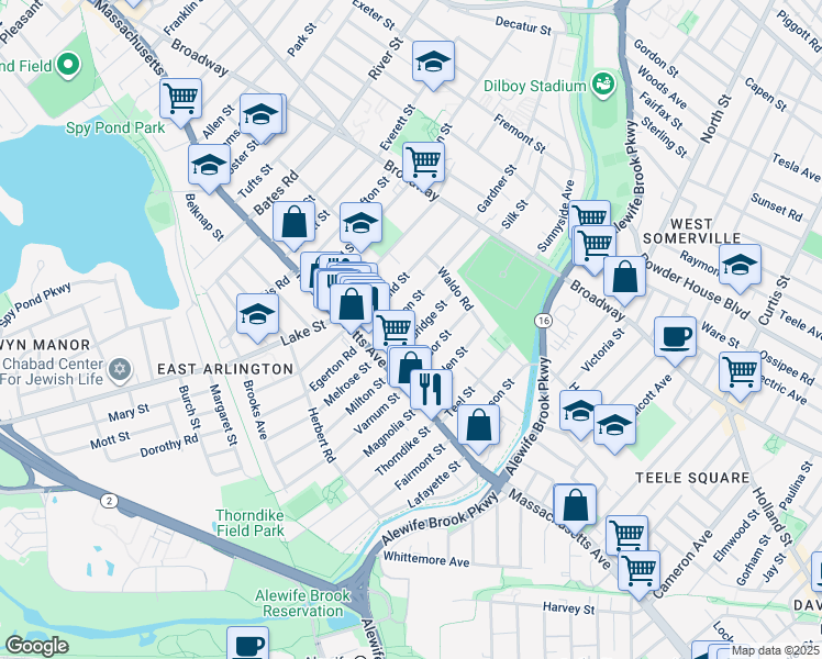 map of restaurants, bars, coffee shops, grocery stores, and more near 34 Trowbridge Street in Arlington