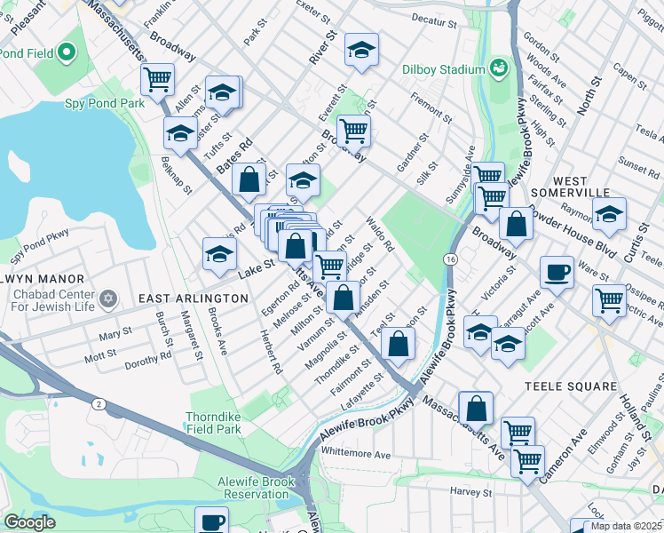 map of restaurants, bars, coffee shops, grocery stores, and more near 155 Massachusetts Avenue in Arlington