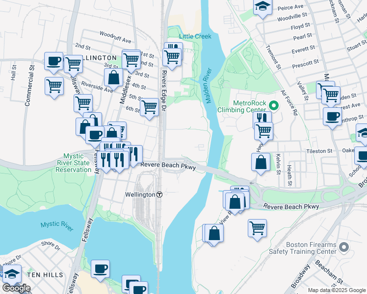 map of restaurants, bars, coffee shops, grocery stores, and more near 1 Cabot Road in Medford