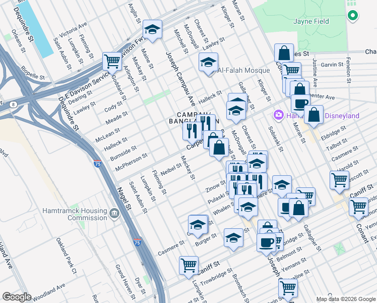 map of restaurants, bars, coffee shops, grocery stores, and more near 2638 Neibel Street in Hamtramck