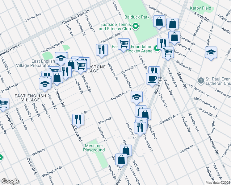 map of restaurants, bars, coffee shops, grocery stores, and more near 4524 Hereford Street in Detroit