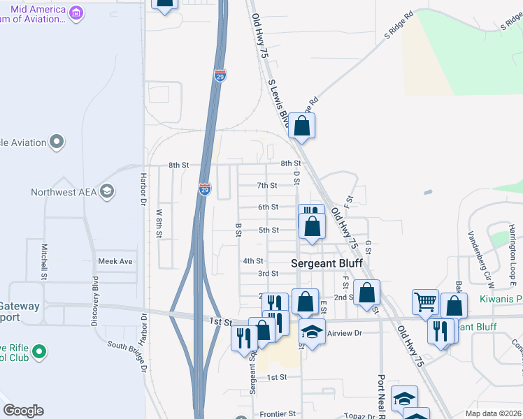 map of restaurants, bars, coffee shops, grocery stores, and more near 551 C Street in Sergeant Bluff