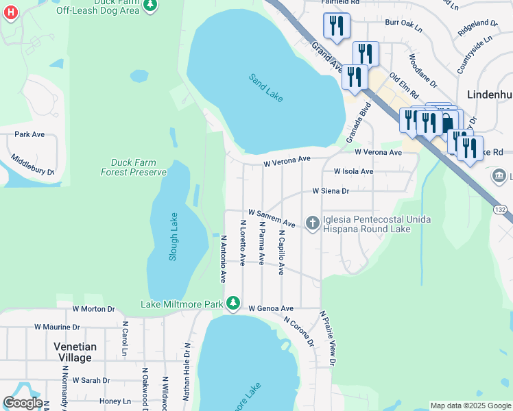 map of restaurants, bars, coffee shops, grocery stores, and more near 37282 North Parma Avenue in Lake Villa