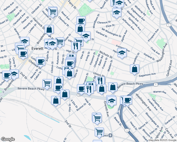 map of restaurants, bars, coffee shops, grocery stores, and more near Florence Street in Everett