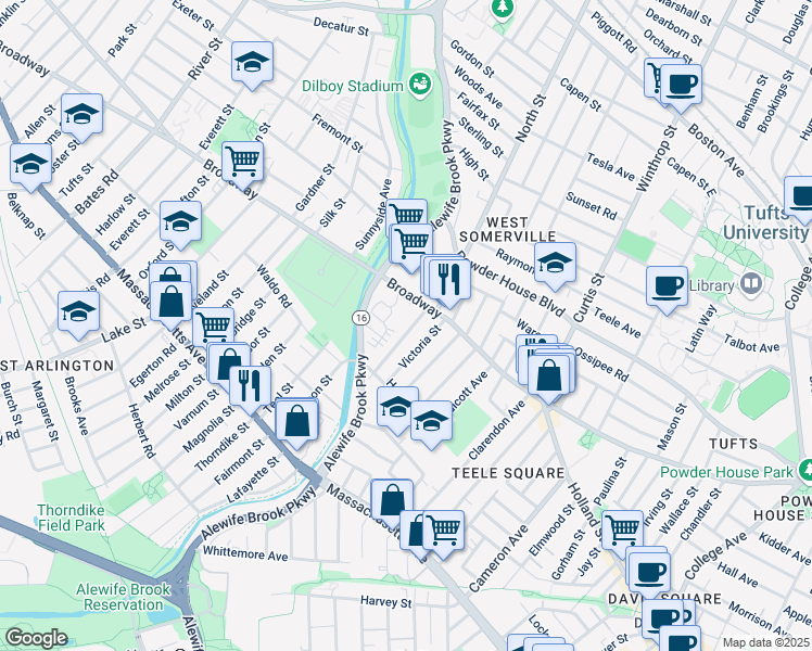 map of restaurants, bars, coffee shops, grocery stores, and more near 19 Waterhouse Street in Somerville