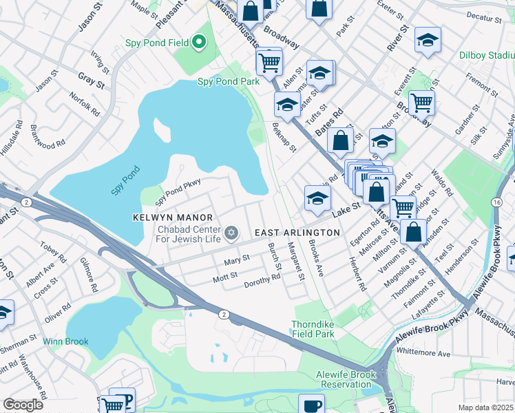 map of restaurants, bars, coffee shops, grocery stores, and more near 27 Pondview Road in Arlington