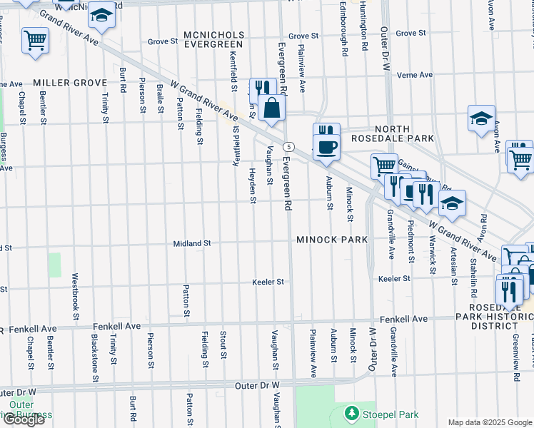 map of restaurants, bars, coffee shops, grocery stores, and more near 15755 Vaughan Street in Detroit