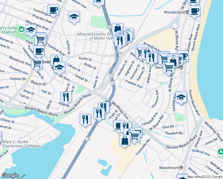 map of restaurants, bars, coffee shops, grocery stores, and more near 395 Lee Burbank Highway in Revere