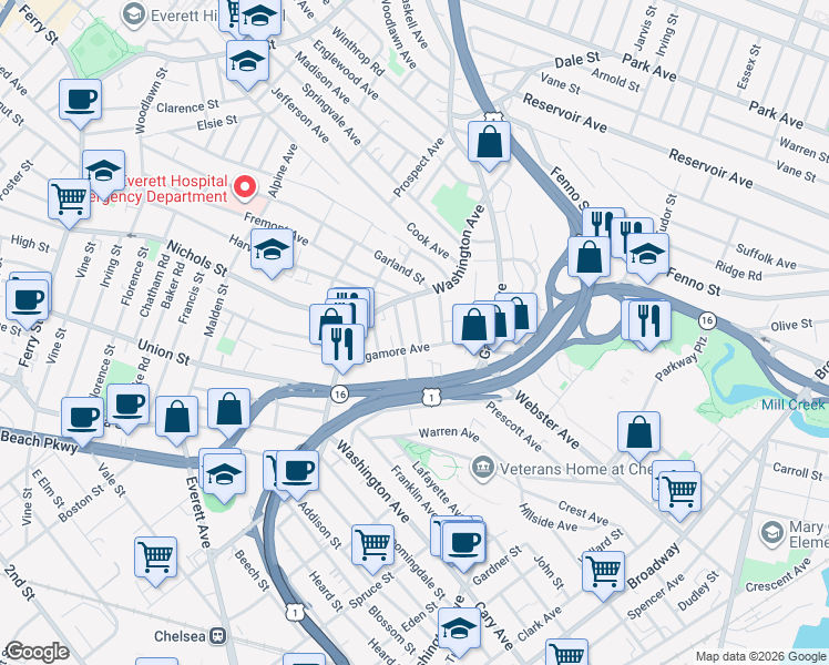 map of restaurants, bars, coffee shops, grocery stores, and more near 89 Sagamore Avenue in Chelsea