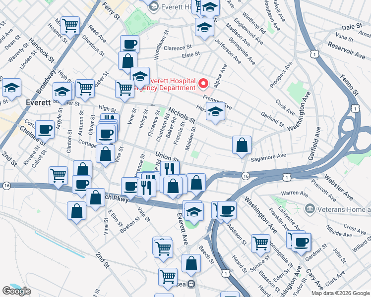 map of restaurants, bars, coffee shops, grocery stores, and more near 130 Union Street in Everett