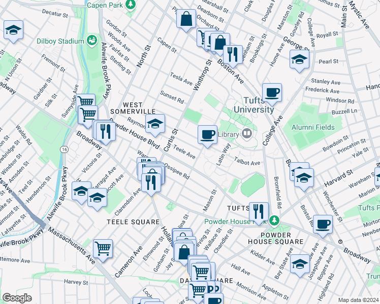 map of restaurants, bars, coffee shops, grocery stores, and more near in Somerville