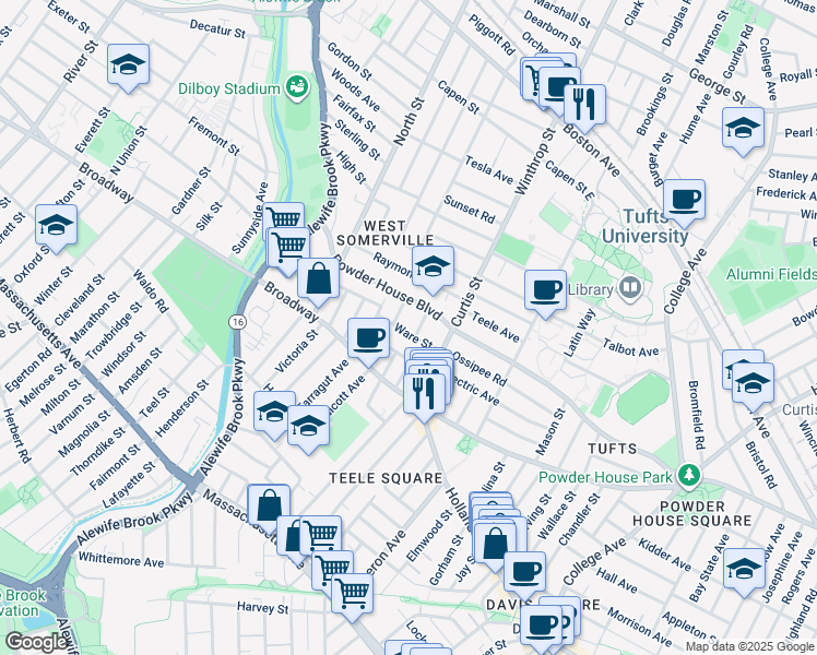 map of restaurants, bars, coffee shops, grocery stores, and more near in Somerville