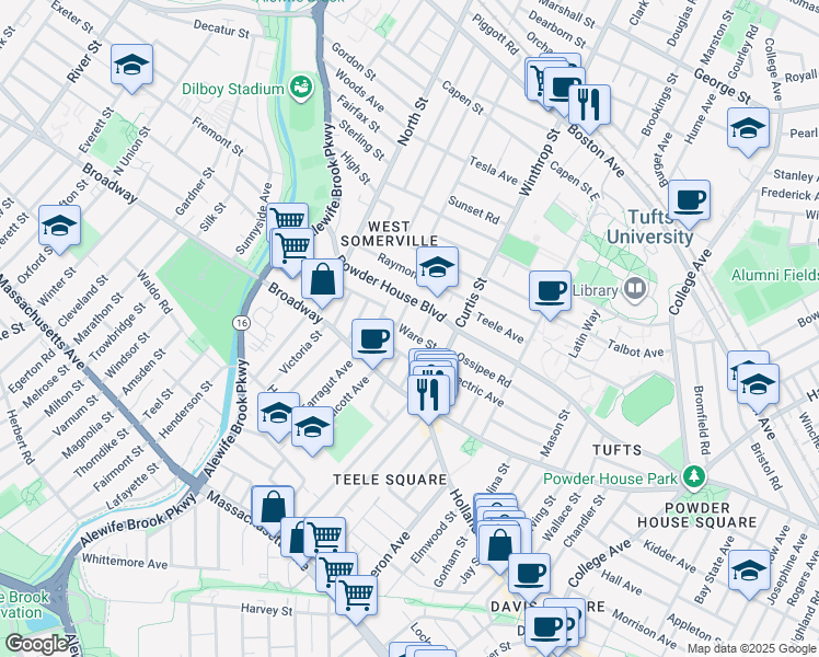 map of restaurants, bars, coffee shops, grocery stores, and more near in Somerville