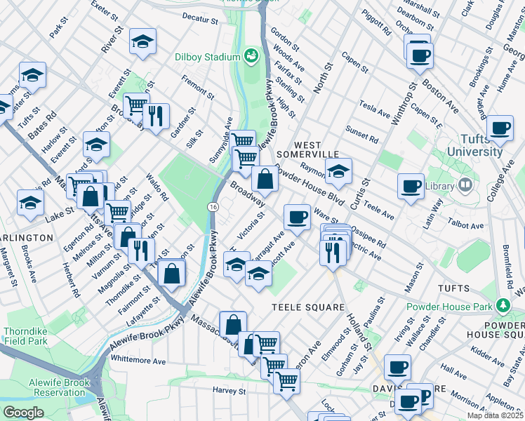 map of restaurants, bars, coffee shops, grocery stores, and more near 18 Victoria Street in Somerville
