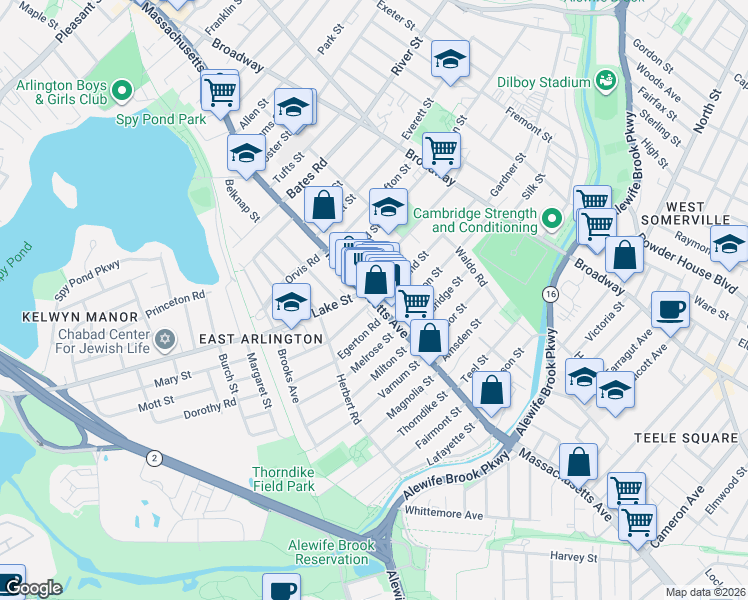 map of restaurants, bars, coffee shops, grocery stores, and more near 180 Massachusetts Avenue in Arlington