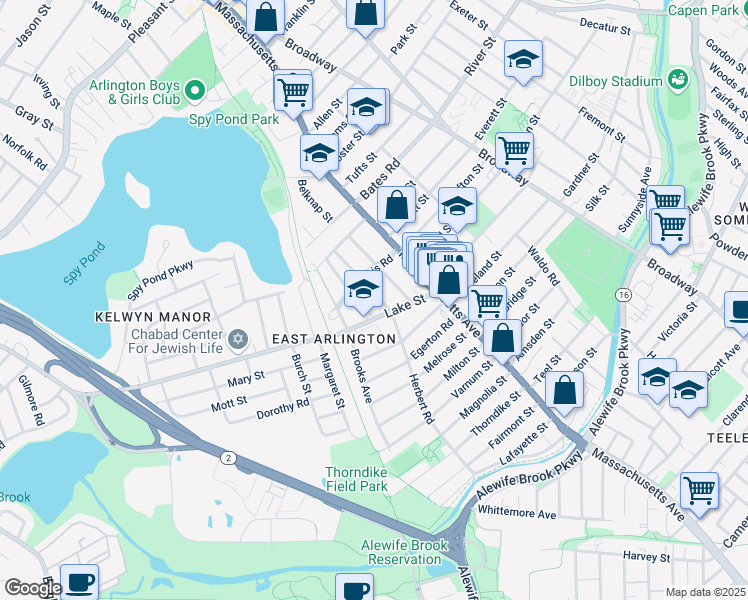 map of restaurants, bars, coffee shops, grocery stores, and more near 1 Newcomb Street in Arlington