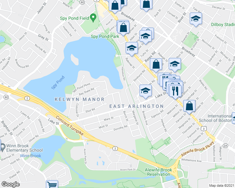map of restaurants, bars, coffee shops, grocery stores, and more near 27 Pondview Road in Arlington