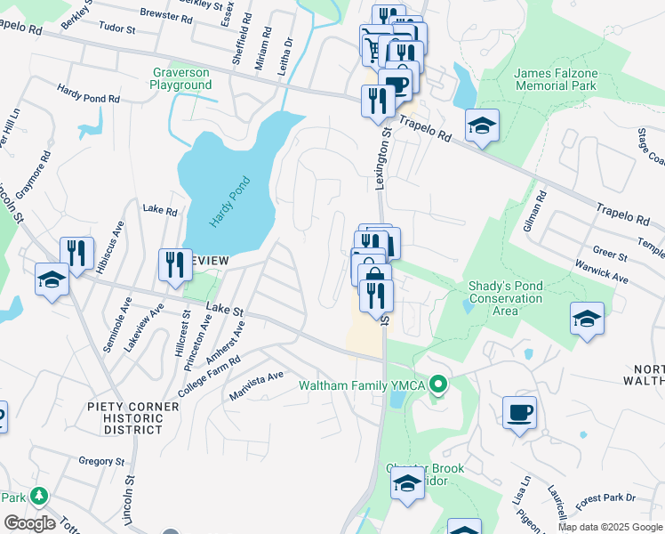 map of restaurants, bars, coffee shops, grocery stores, and more near 271 Ridge Lane in Waltham