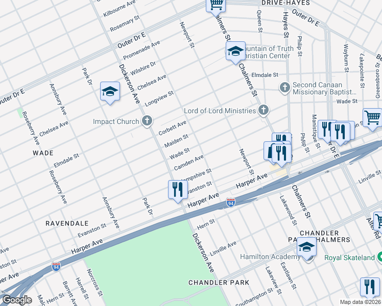 map of restaurants, bars, coffee shops, grocery stores, and more near 13112 Camden Avenue in Detroit