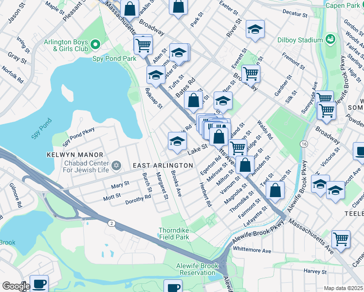 map of restaurants, bars, coffee shops, grocery stores, and more near 1 Newcomb Street in Arlington